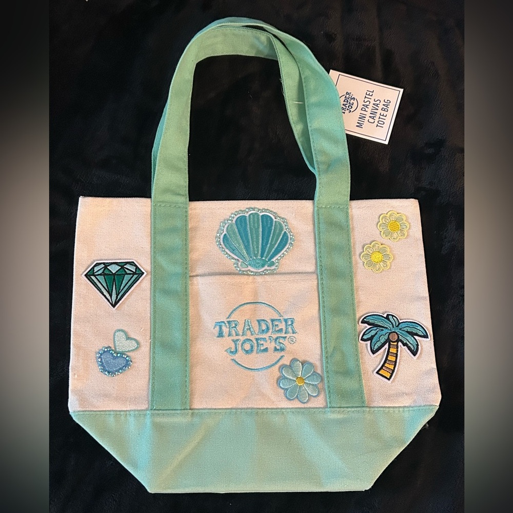 Trader Joe’s mint green mini tote, with embellishments